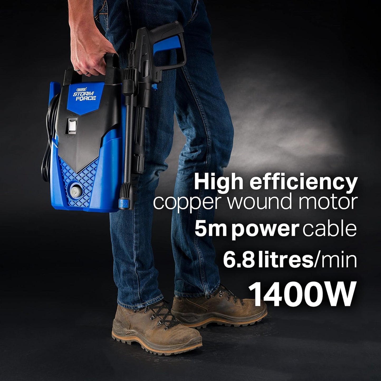 Draper Storm Force Pressure Washer 105Bar | 1400W Jet Power Washer | Snow Foam Gun | 1522Psi Patio and Car Cleaner | 98674, Blue