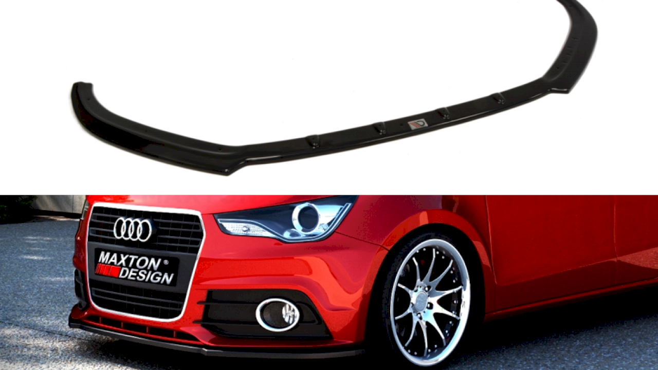 Car bumper spoiler in front of a red Audi A1 with Maxton Design branding.