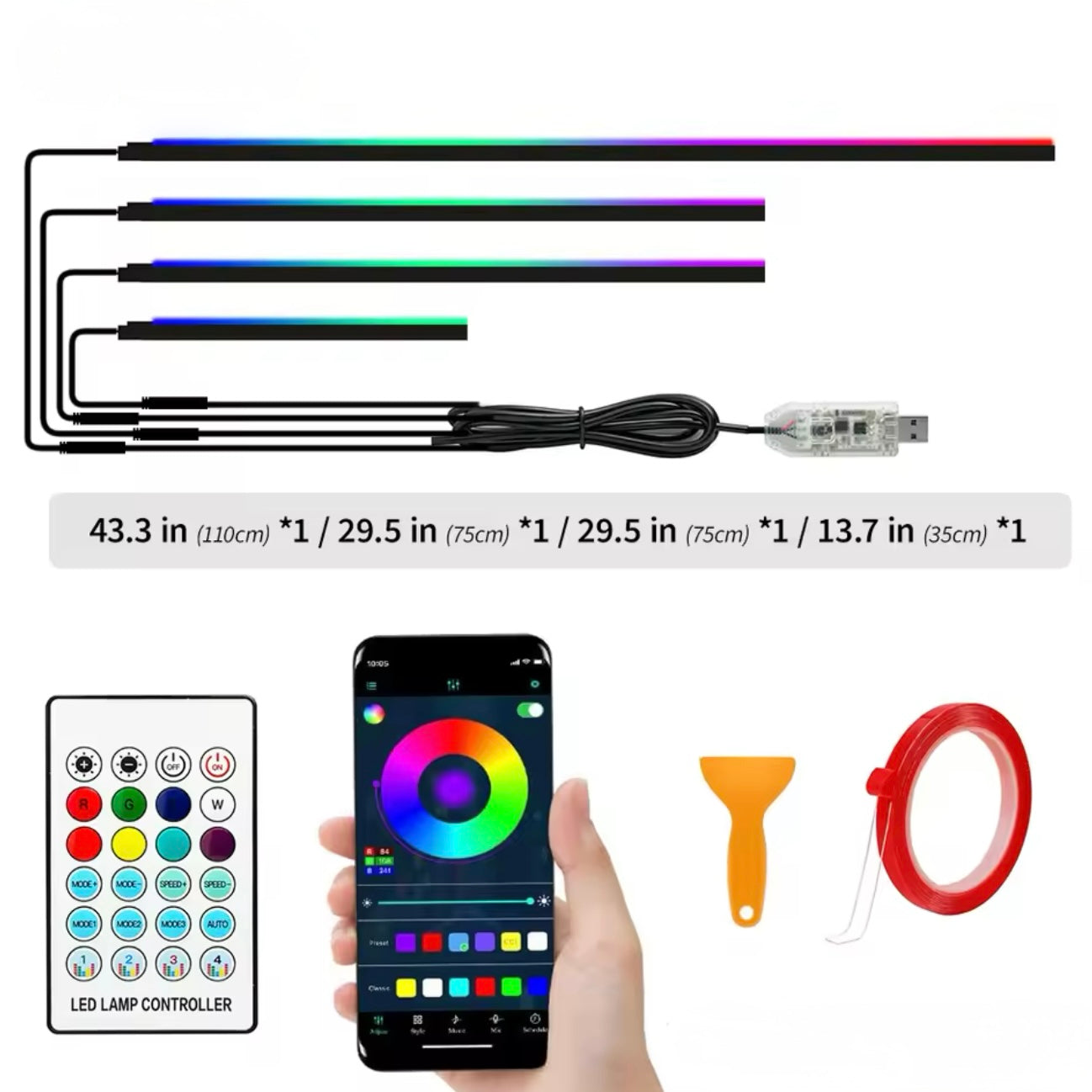 Car LED Interior Ambient Lighting Kit App Controlled RGB Universal Fit
